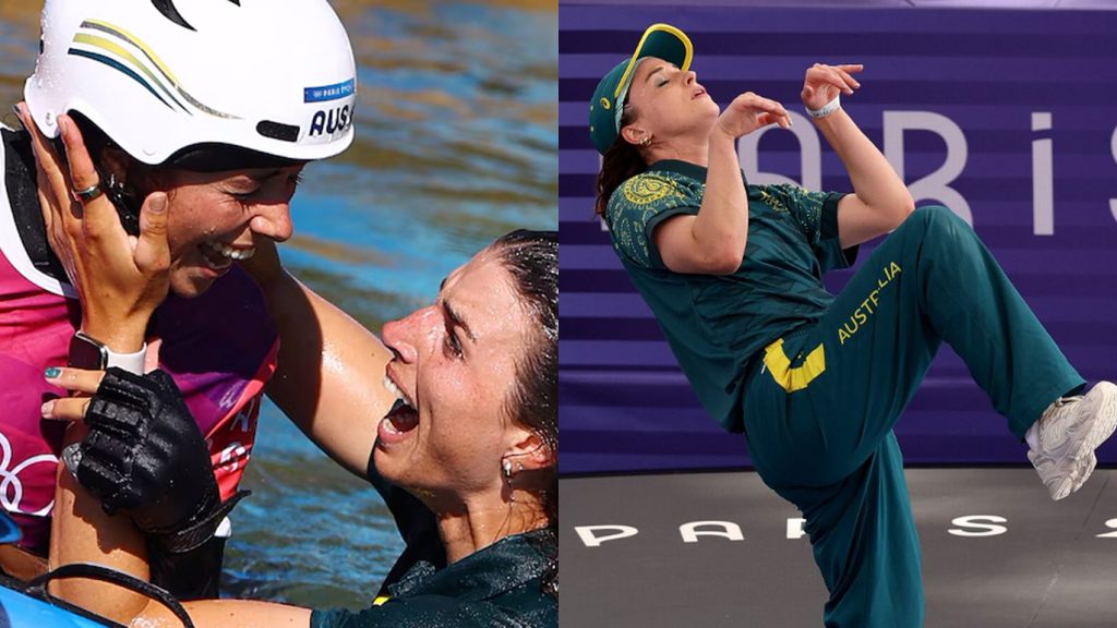 Jessica and Noemie Fox celebrating in the water at the Paris Olympics and Rachael Gun AKA Raygun with her Olympic breakdancing kangaroo move